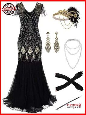 Plus Size Sequin Fringed Flapper Cocktail Dress with Accessories